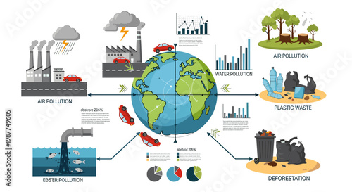 Infographic illustrating various environmental pollution issues affecting the planet, including air pollution, water pollution, plastic waste, and deforestation.