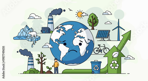 Sad Earth illustration showing environmental pollution and the need for renewable energy and sustainability.