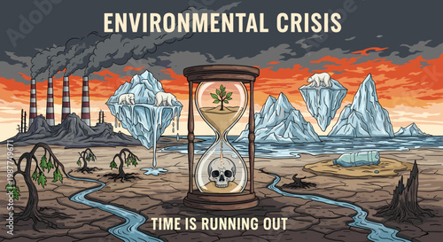 Environmental crisis depicted with an hourglass showing a dying tree and skull, symbolizing that time is running out to address climate change and pollution.