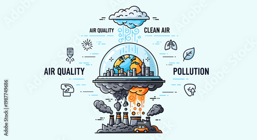 Visual representation of air pollution from industrial factories impacting the Earth's atmosphere and the contrast between polluted and clean air.