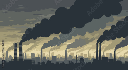 Industrial city skyline with numerous factory smokestacks emitting thick, dark smoke, illustrating air pollution and environmental impact.