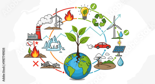 Illustration depicting the interconnectedness of environmental issues, including pollution, climate change, renewable energy, and conservation efforts centered around a cracked Earth.