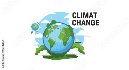 Illustration of Earth globe with 'CLIMAT CHANGE' text, symbolizing environmental concerns and global warming awareness.