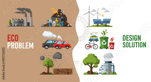 Illustrative comparison of environmental problems like pollution and deforestation with sustainable design solutions such as renewable energy and recycling.