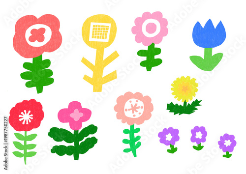 手描きあしらいセット　花　カラフル　色鉛筆