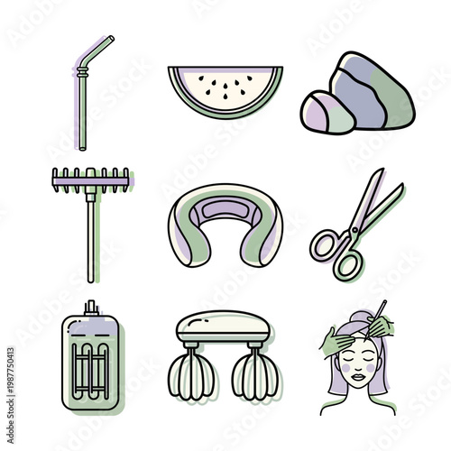 Pastel line art skincare tools icon set for beauty product design or Minimalist pastel beauty icons set for cosmetics branding and product design