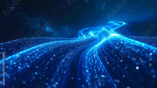Abstract digital landscape with glowing lines and particles in a dark space environment