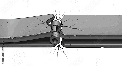 Bent metal beam with cracked surface, broken hinge