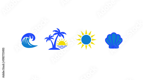 Colorful icons with ocean, palm, sun, and vacation elements.