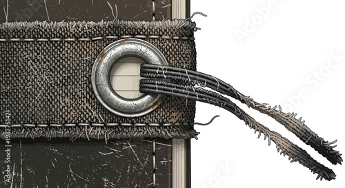 Close-up of grommet and frayed rope on canvas fabric with stitching detail