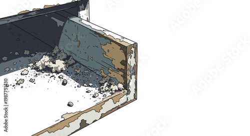 Construction debris in an empty industrial container, close-up, white background