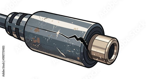 Damaged audio cable connector with crack and rust, isolated on white background