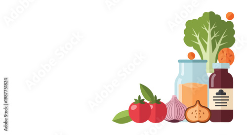 A clean flat vector illustration features fresh vegetables and jars of ingredients arranged neatly in the bottom-right corner on a white background.