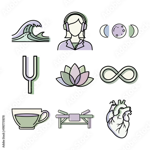 Pastel line art wellness icons set featuring wave headset lotus and moon phases or Clean line style icon set in pastel tones featuring cup fork lotus heart infinity and moon