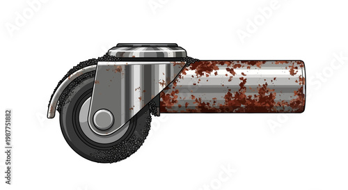 Rusty metal caster wheel with rubber tire, isolated on white background