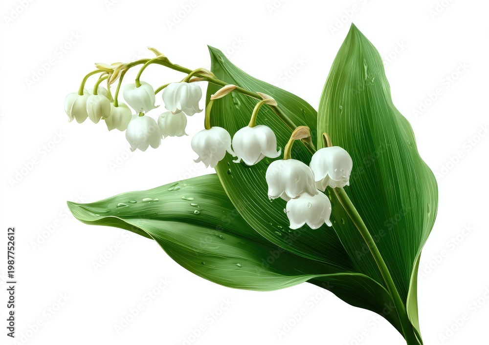 Fototapeta premium Delicate white bell-shaped flowers on green stalks with broad leaves, dew drops