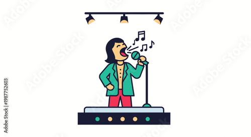 Cartoon man singing on stage microphone.