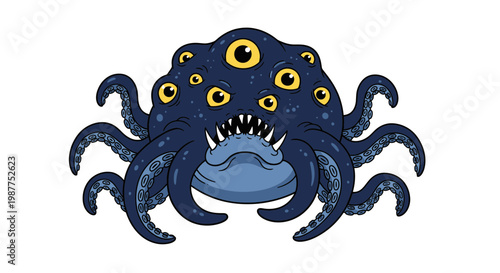 Dark blue monster with tentacles and eyes.
