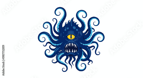 Blue monster head with tentacles and sharp teeth.