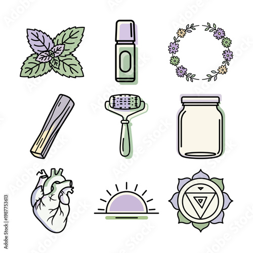 pastel skincare icon set with mint leaves essential oil bottle and floral wreath illustration or soft line art cosmetic tools and botanicals collage featuring mint leaf roller jar and flower ring