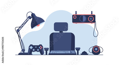 A vector illustration of a modern computer gaming setup featuring a lamp, controller, keyboard, headset, and projector in a minimalist style.