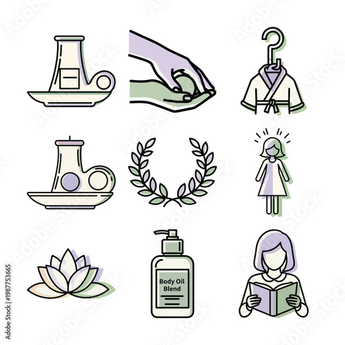 Pastel skincare icons flat vector collection featuring lotion hand cream robe and lotus or Soft aesthetic skincare icons set in pastel palette with wellness ritual symbols and lotus bloom