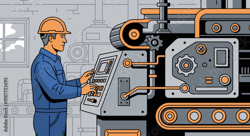 Man wearing blue overalls working machinery.