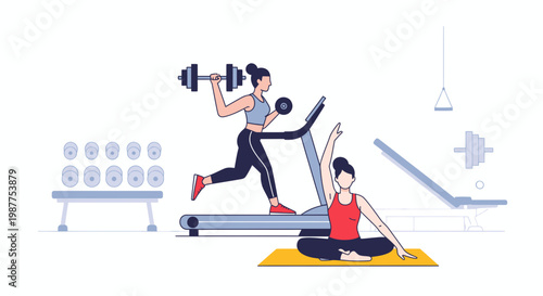 Woman exercising with dumbbell on treadmill.