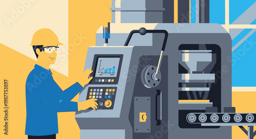 Worker operating industrial machine control panel.