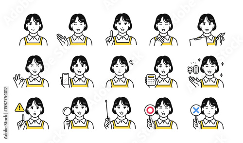 エプロン 40代女性スタッフ ビジネス向け ベクターアイコンイラスト素材セット