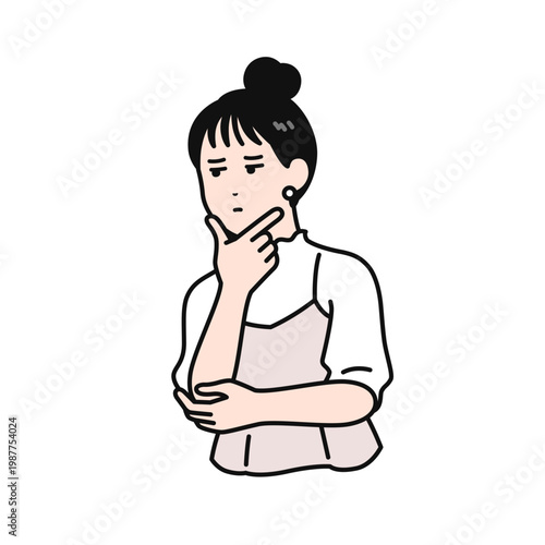 怪しむまとめ髪の若い女性のシンプルなベクターイラスト素材