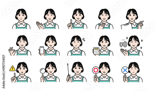 エプロン姿のミドル世代の女性スタッフのビジネス向け表情アイコンセット