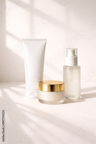 Cosmetic cream container, skincare serum bottle, beauty lotion tube, facial treatment product, organic wellness product, serene atmosphere mood