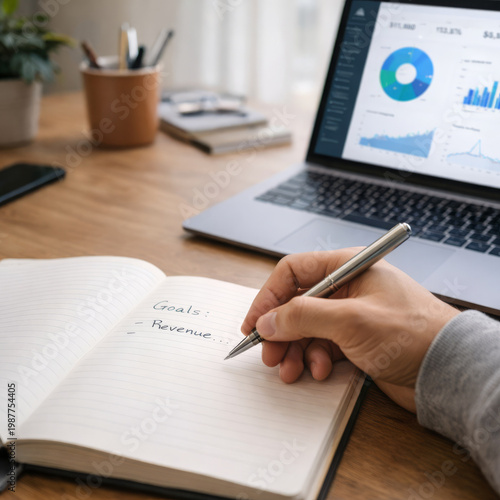 Focused professional hand writing business financial revenue data strategy report notebook laptop screen display content joyfully analyzing growth market research plan workspace