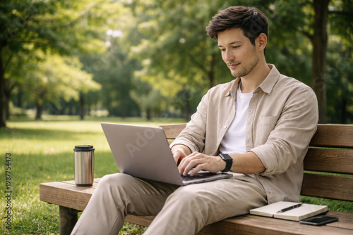 Focused young man working on laptop computer while sitting on bench in park feeling productive and calm with coffee cup beside him during pleasant spring day with green tree background in nature