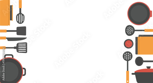 Minimalist vector graphic showcasing various kitchen utensils and colorful cookware arranged on the sides of a clean white background.