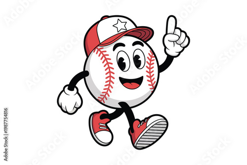 A cheerful baseball with arms and legs is walking and pointing upwards wearing a red cap and shoes on transparent background.