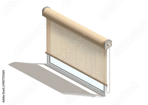 Beige roller shade partially covering a clean window, casting a shadow