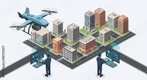 Smart city drone surveillance system with remote operators monitoring urban infrastructure and data streams.