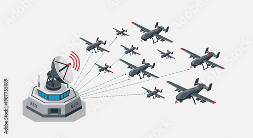 Illustration of a drone swarm controlled by a central command station with a radar dish, showcasing advanced military technology and coordinated aerial operations.