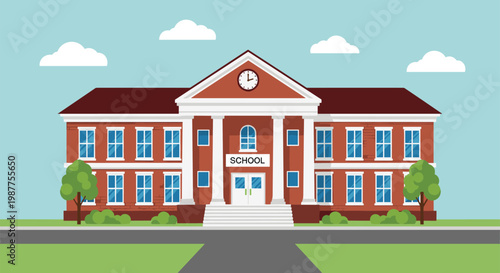 Classic brick school building illustration with columns, clock, entrance steps, sky, clouds, trees, and pathway, educational campus vector graphic design.