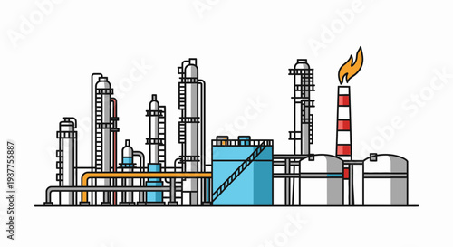 Industrial factory with smokestack and pipes.