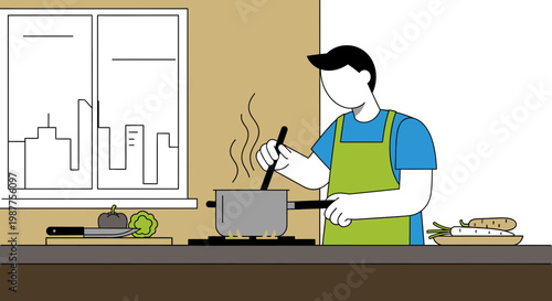 Man wearing green apron cooking food.