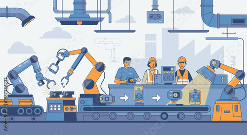 Industrial workers with robotic arms assembly.