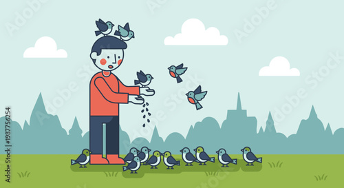 Man feeding birds in the park.