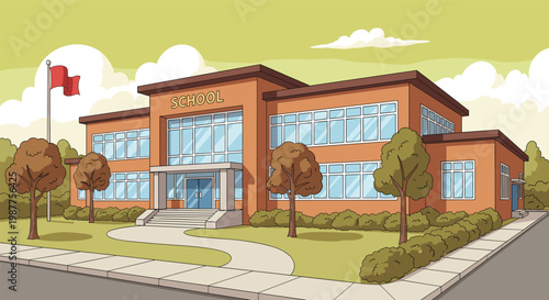 Modern, cartoon style school building exterior with trees, flag, windows, campus pathway, education concept illustration for academic learning environment design