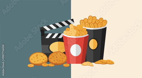 This minimalist vector illustration showcases a movie clapperboard alongside two buckets of snacks and scattered cookies on a split background.