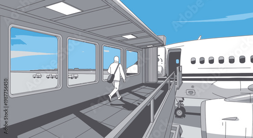 Person walking on jetway to airplane.