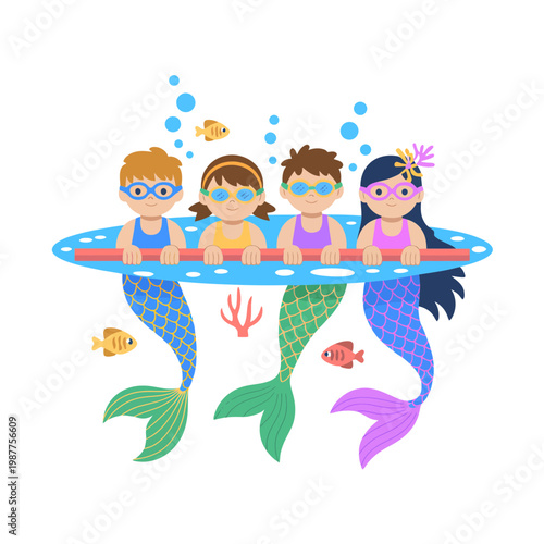 Cute cartoon merchildren swimming together in blue water with colorful fish and bubbles vector illustration for kids and educational projects featuring friendly sea creatures