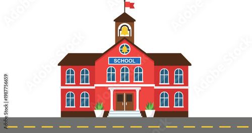 Red school building illustration with a bell tower, flag, and road, flat vector style educational facility for back to schoo